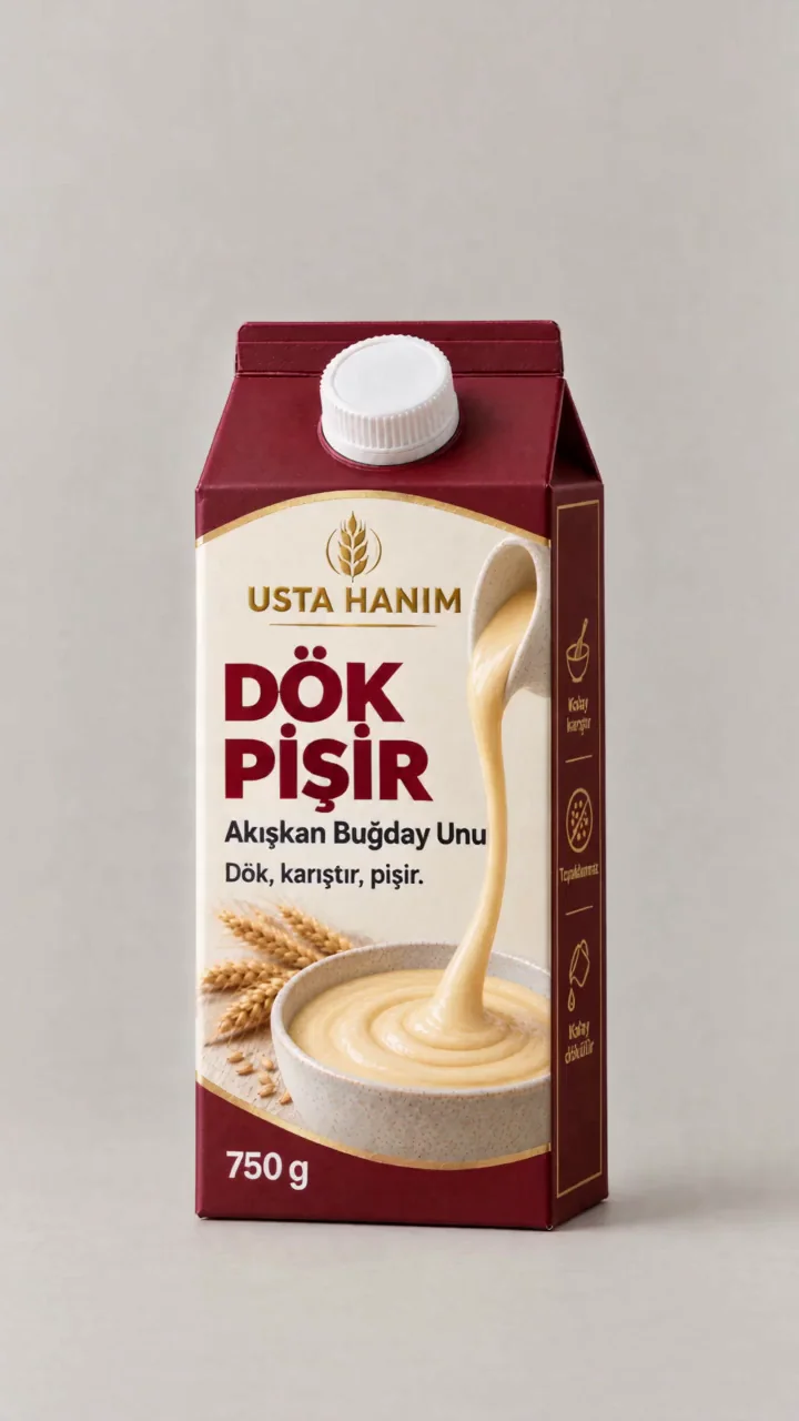 Dök Pişir ambalajı parçalarına ayrılıyor: vidalı kapak, döküm ağzı, iç katman, karton gövde ve taban